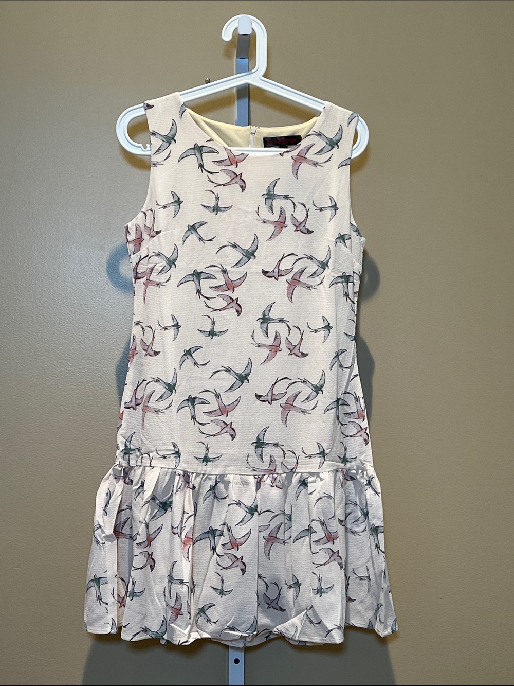 Cream Sleeveless Mini Dress with Multicolor Bird Print